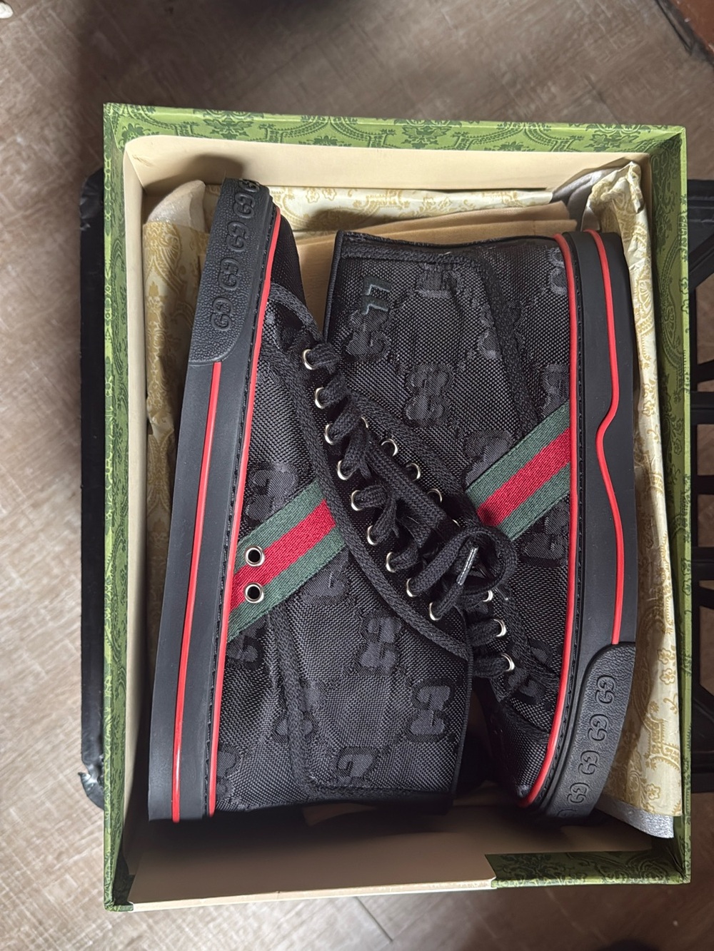 Gucci Black High-Top Sneakers with Red & Green Stripe